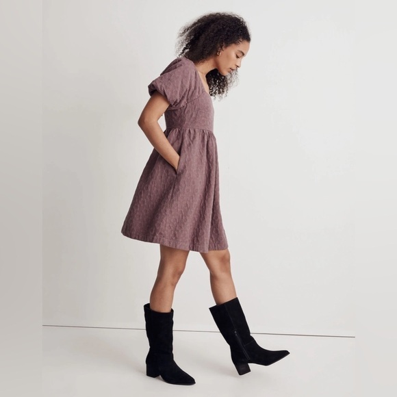 Madewell Floral Quilted Puff-Sleeve Mini Dress in Fig Purple Size Small NWT - Picture 2 of 14